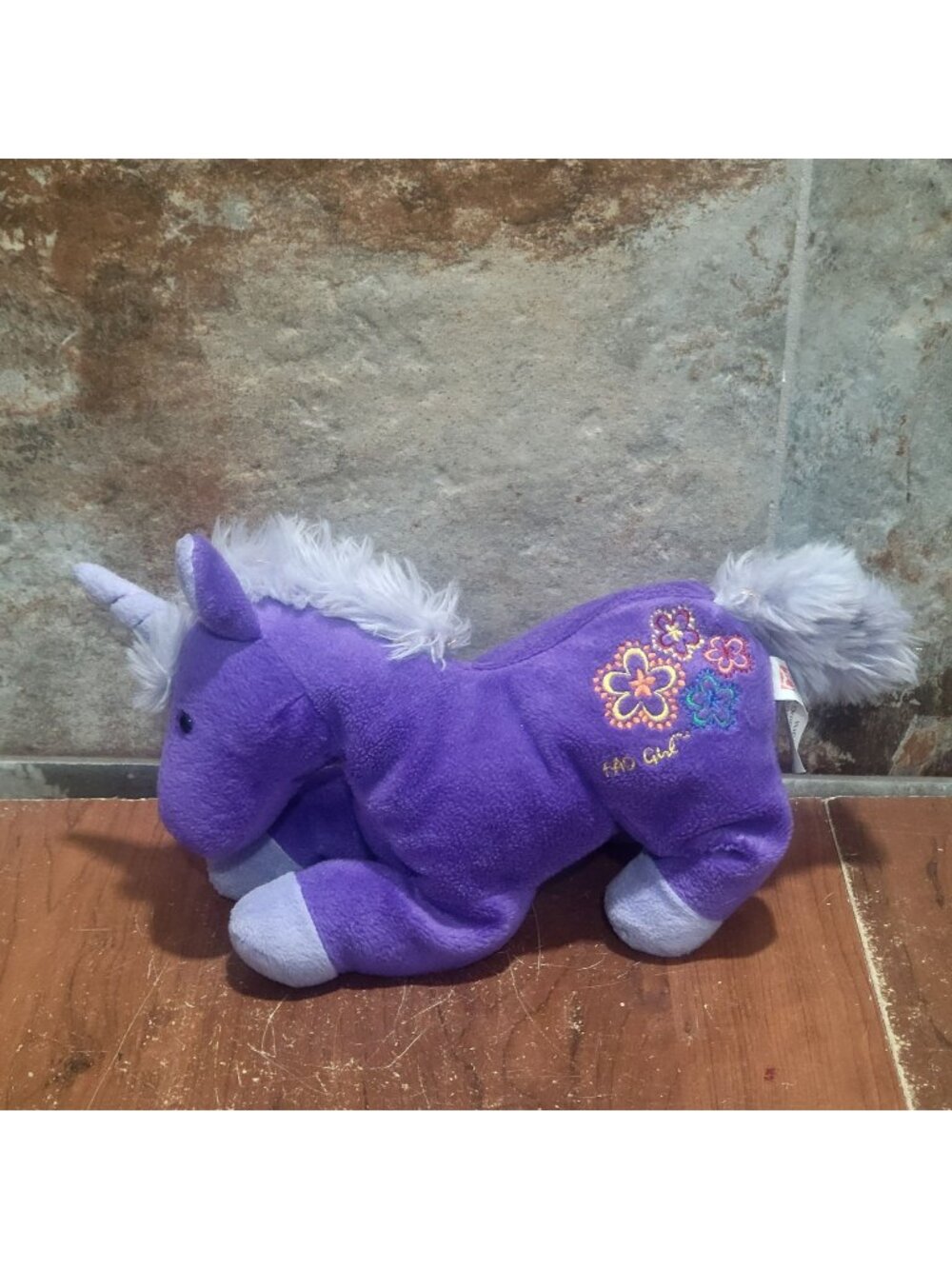 FAO Schwarz FAO Girl Purple Unicorn Plush Stuffed Animal Embroidered Flowers